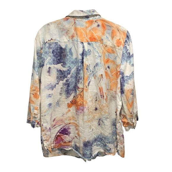 Chicos Womens Linen Watercolor Print Button Up Shirt L Artsy Vacation Boho READ - Picture 5 of 6